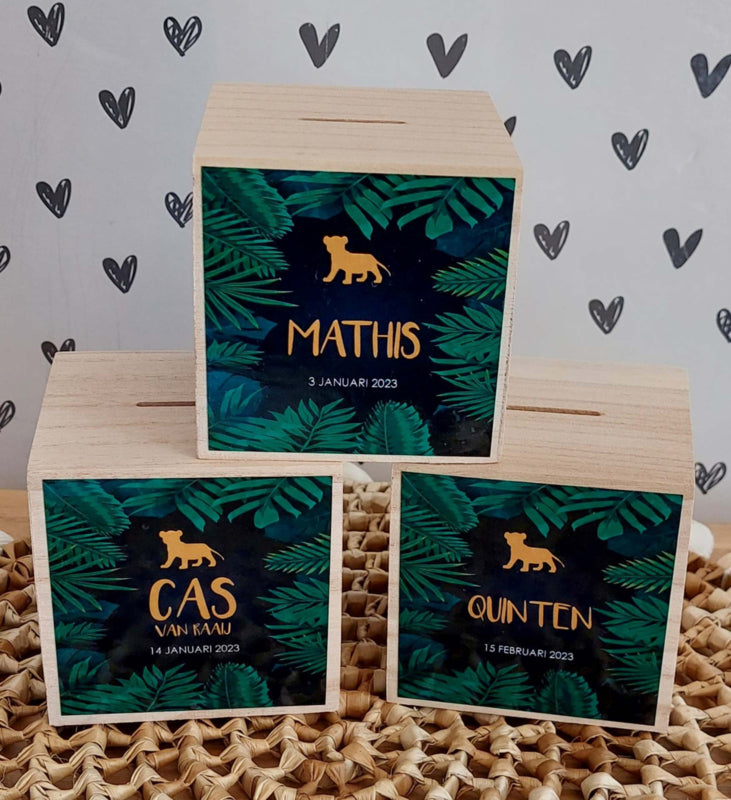 houten spaarpot met naam jungle