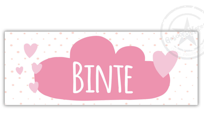 Kunststof naambordje geboorte roze wolk met hartjes