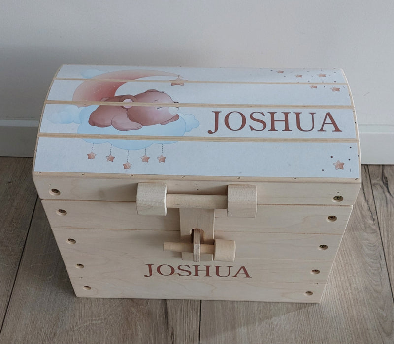 Naturel houten speelgoedkist met naam 'Beertje op wolk' BLAUW
