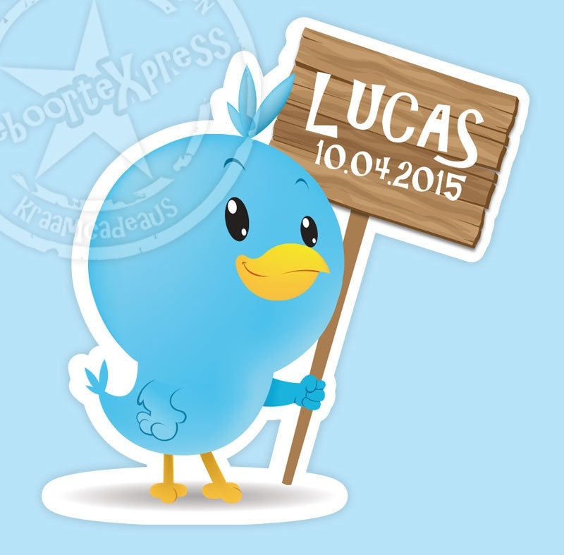 Sticker geboorte raam - vogeltje met naambord jongen