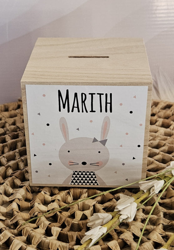 houten spaarpot met naam trendy konijntje-meisje