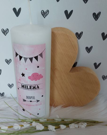 Doop- of geboortekaars met naam Vlaggenlijn roze