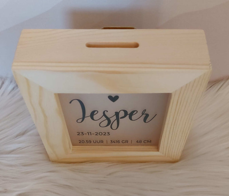 houten/plexiglas spaarpot met naam en geboortegegevens groot