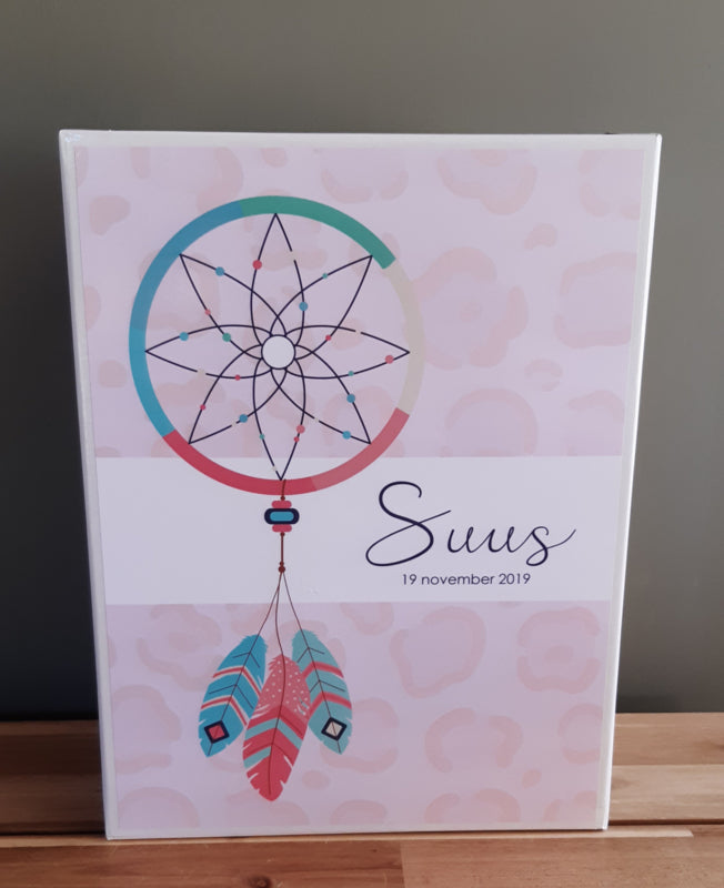 Houten herinneringskist met naam ''Dreamcatcher Bohemian''