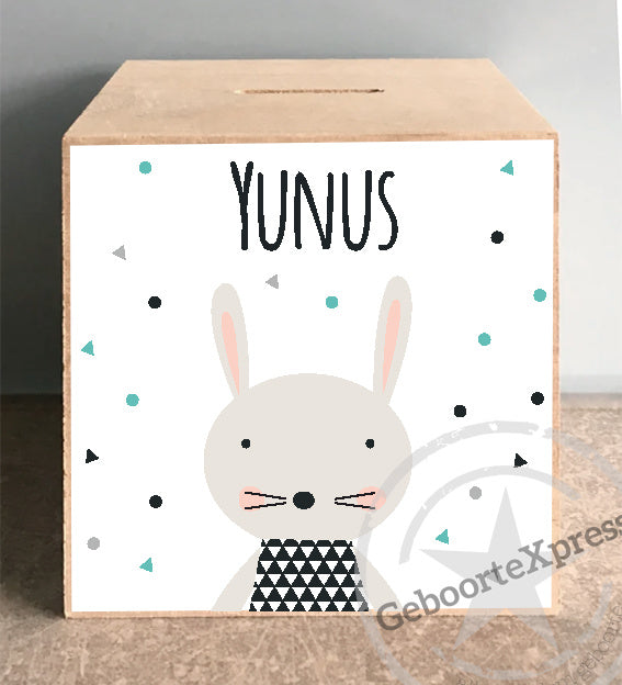 houten spaarpot met naam trendy konijntje-jongen