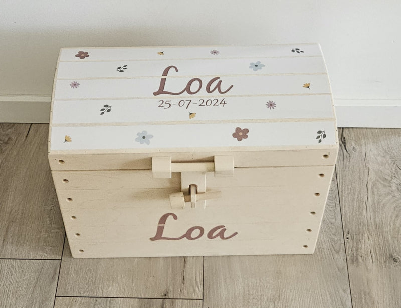 Naturel houten speelgoedkist met naam 'Bloemenprint' beige