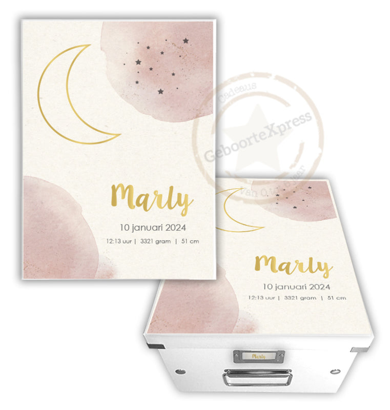 Bewaardoos met geboortegegevens en maan-aquarel roze