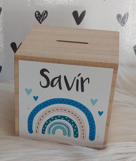 houten spaarpot met naam regenboog blauw