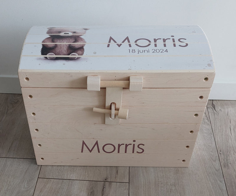Naturel houten speelgoedkist met naam 'Schattig Beertje'