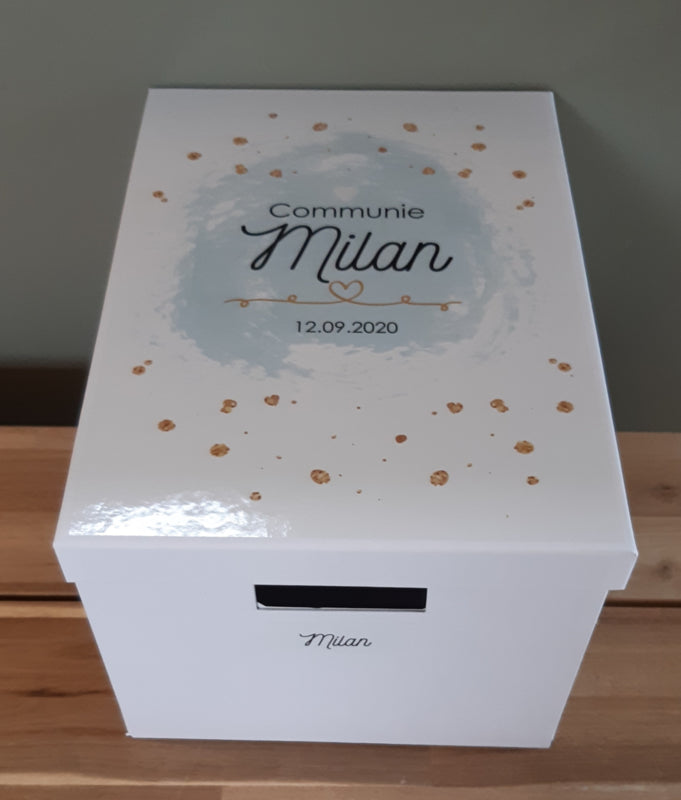 Communiedoos met naam jongen ''dots hartje'' jongen