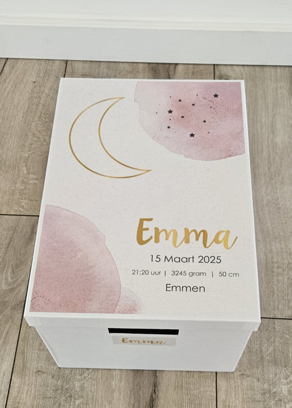 Houten herinneringskist met Maan-aquarel roze