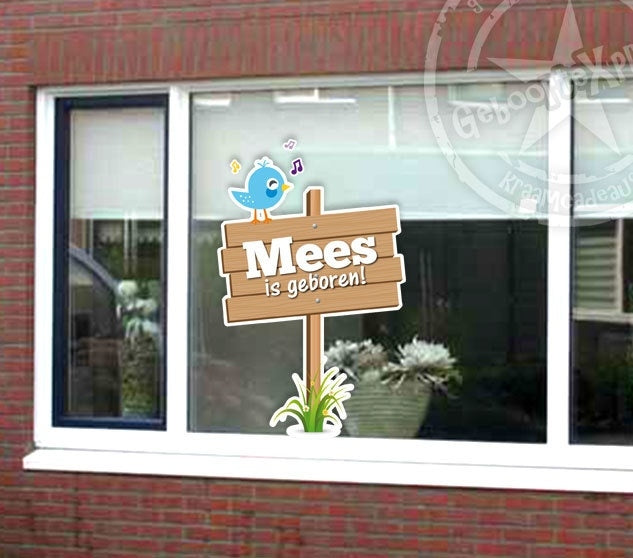 Raamsticker geboorte vogeltje op bord met naam - jongen