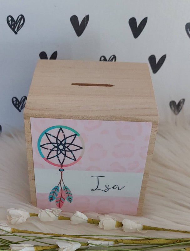 houten spaarpot met naam en dromenvanger