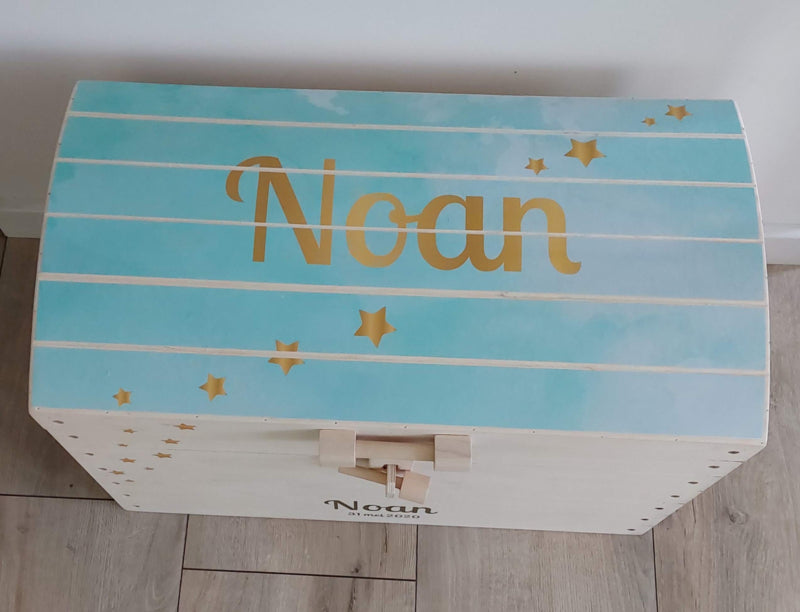Naturel houten speelgoedkist met naam 'Brushpaint' sterretjes