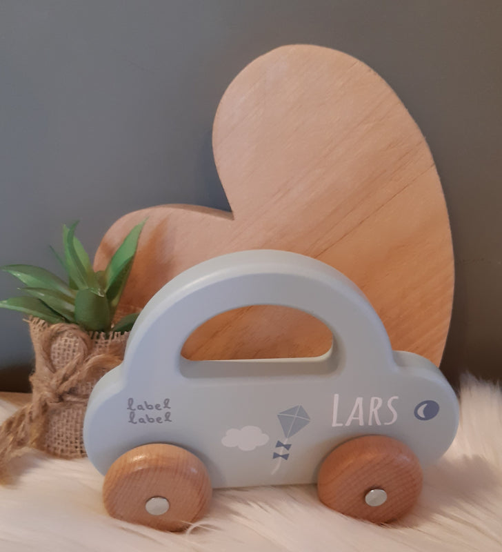 Label Label houten auto met handvat blauw met naam