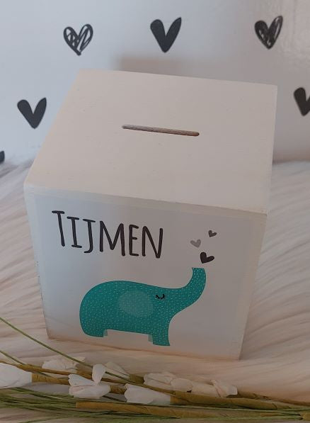 houten spaarpot met naam  olifant jongen