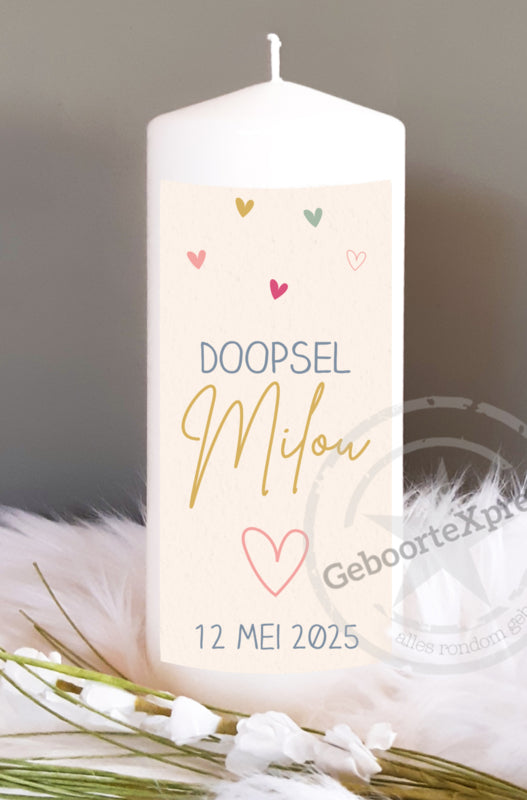 Doop- of geboortekaars met naam Hartjes