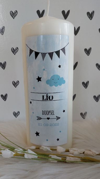 Doop- of geboortekaars met naam Vlaggenlijn blauw