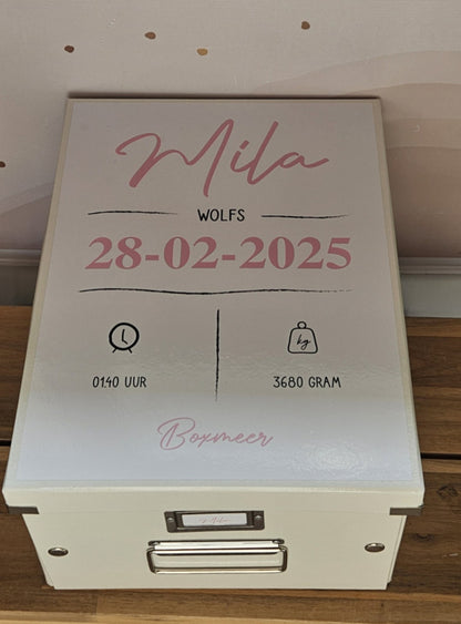 Bewaardoos herinneringen met geboortegegevens -roze