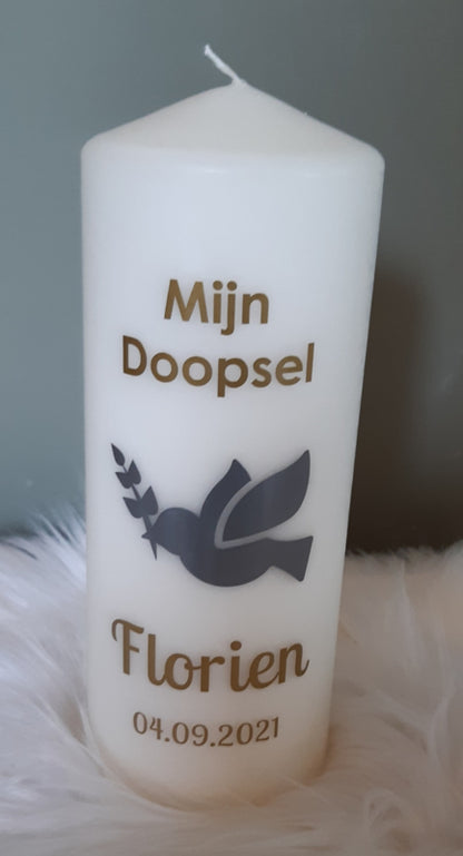 Doop- of geboortekaars met naam Vredesduif