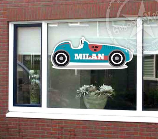 Raamsticker raceauto retro blauw