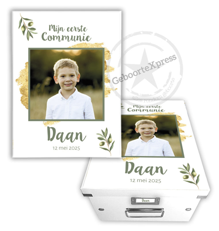 Communiedoos met naam en ''foto olijf groen''