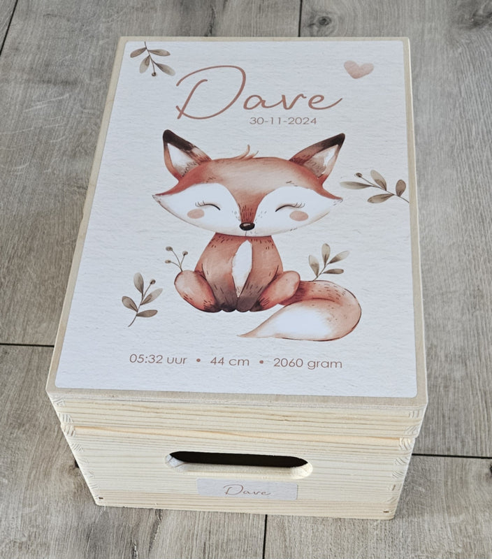Houten herinneringskist met naam Schattig vosje
