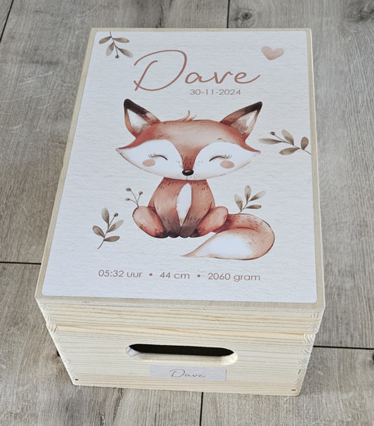 Houten herinneringskist met naam Schattig vosje