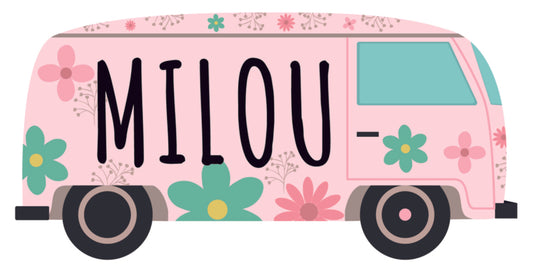 Raamsticker met naam 'flower power busje' roze