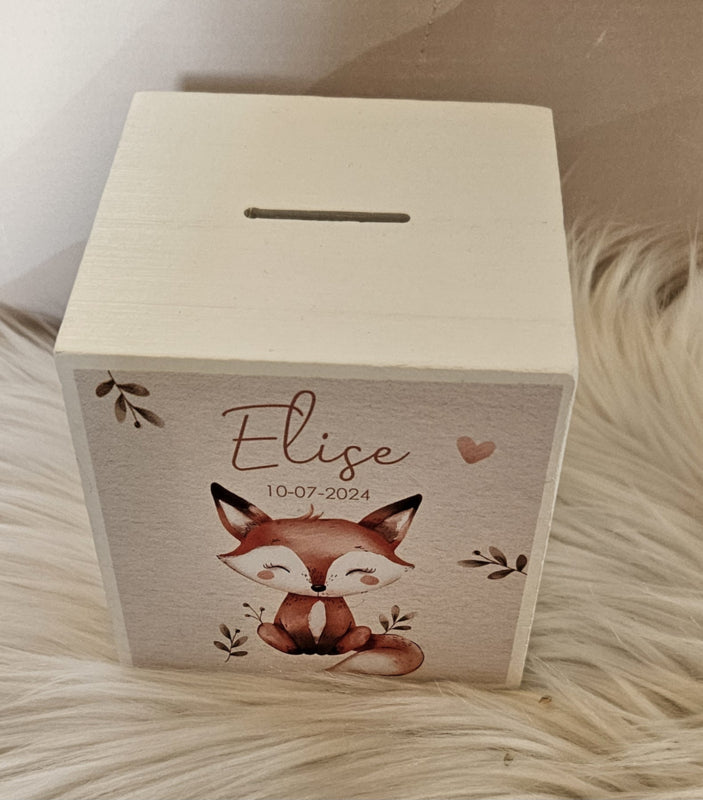 houten spaarpot met naam  en schattig vosje