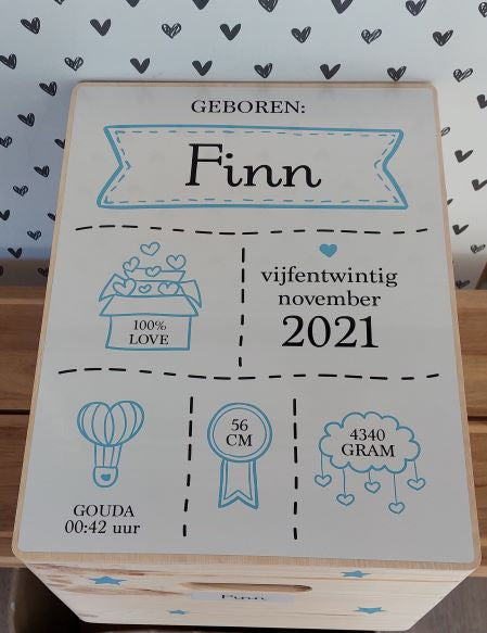 Houten herinneringskist met Geboortegegevens