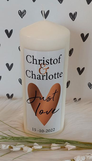 Huwelijkskaars met namen  *Just Love* wit-goud