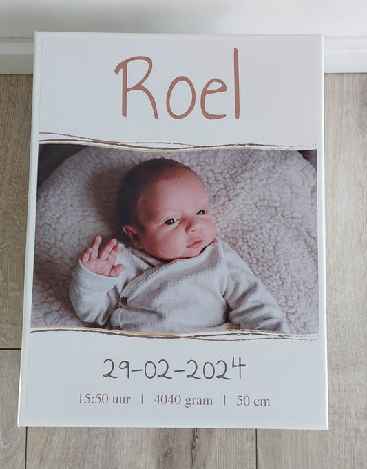 Houten herinneringskist met naam, foto en geboortegegevens-nougat