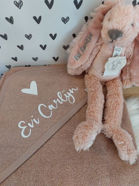 Badcape pinkstone , knuffel Happy Horse met naam