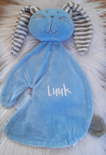 Superzacht knuffeldoekje blauw konijn (met naam)