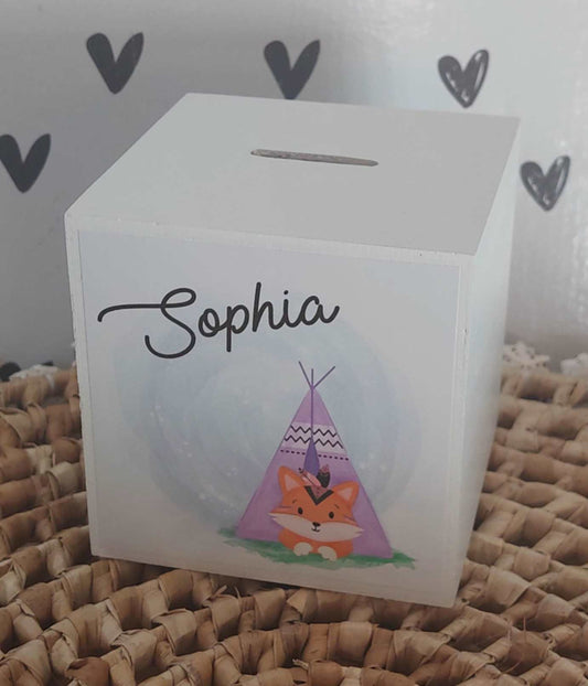 houten spaarpot met naam en vosje in tipi