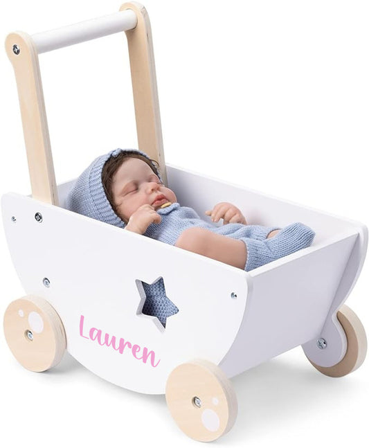 Navaris witte houten poppenwagen met ster met naam
