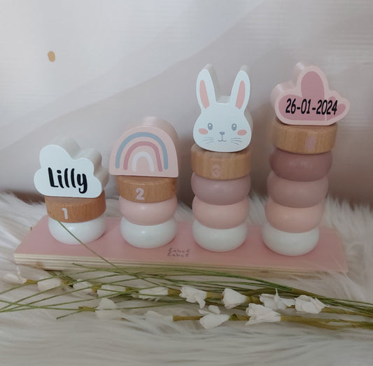 "Label Label'' houten nummer stapelaar roze (met naam)