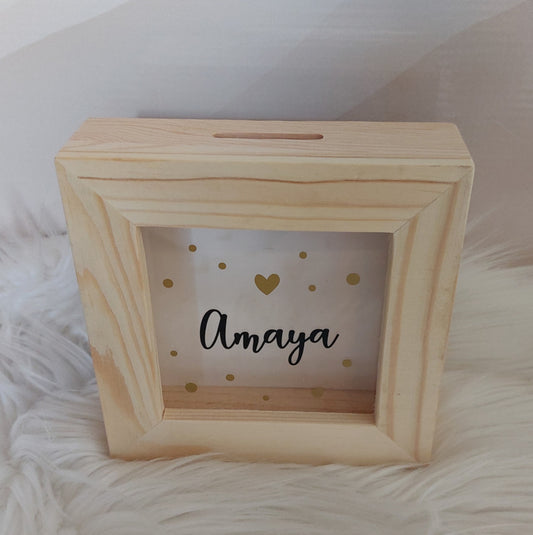 houten/ plexiglas spaarpot met naam 'dots'