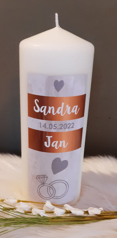 Huwelijkskaars met namen  *Ringen en Hartje* goud