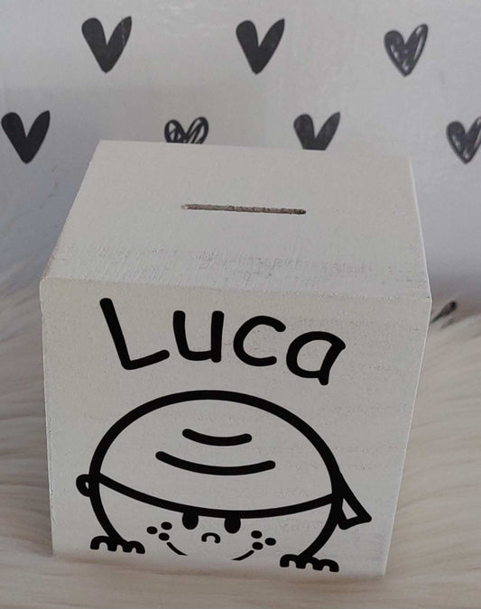 houten spaarpot met naam en jongenshoofdje