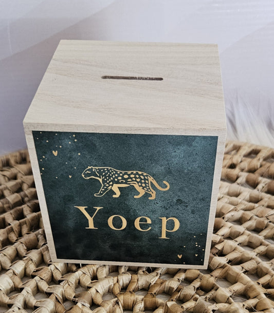 houten spaarpot met naam  cheetah
