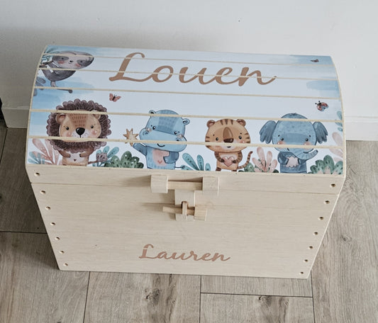 Naturel houten speelgoedkist met naam 'Wildlife'