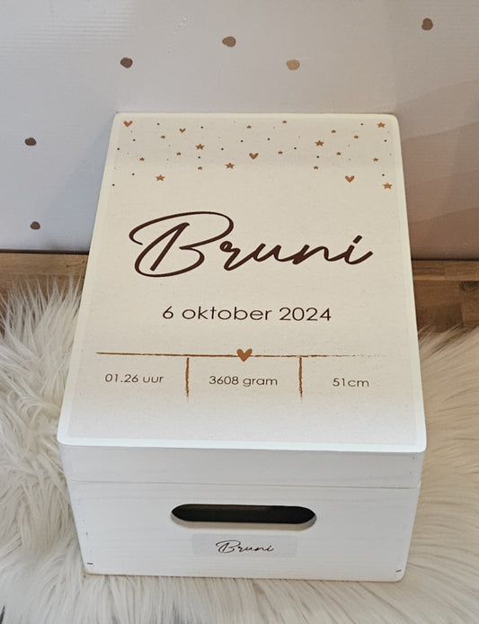 Houten herinneringskist met geboortegegevens -Hartjes en Sterretjes