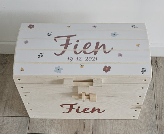 Naturel houten speelgoedkist met naam 'Bloemenprint'  beige