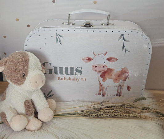 koffertje met naam  schattige Koe en knuffel