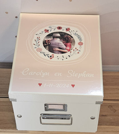 Herinneringsdoos voor bruiloft 'bloemenkrans' diverse achtergrondkleuren