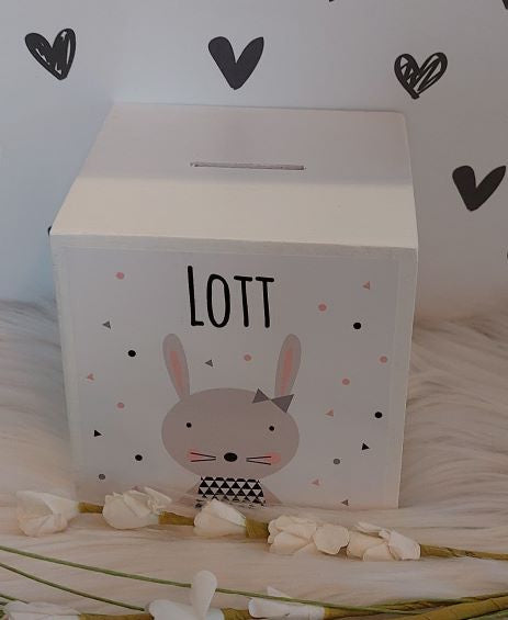houten spaarpot met naam trendy konijntje-meisje