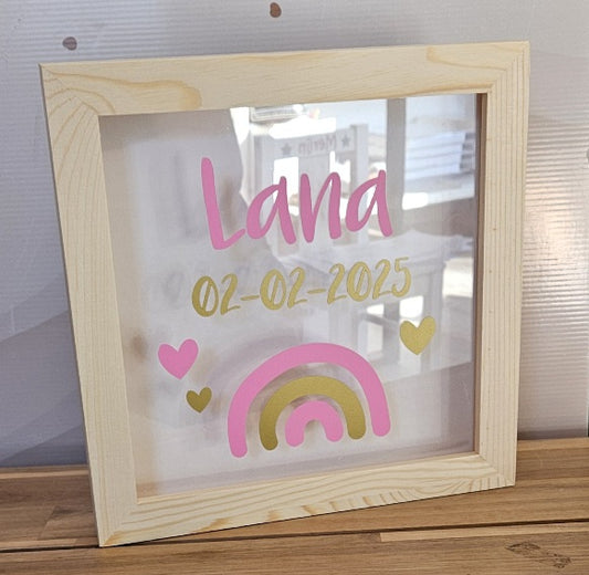 houten/ plexiglas spaarpot met naam 'rainbow'