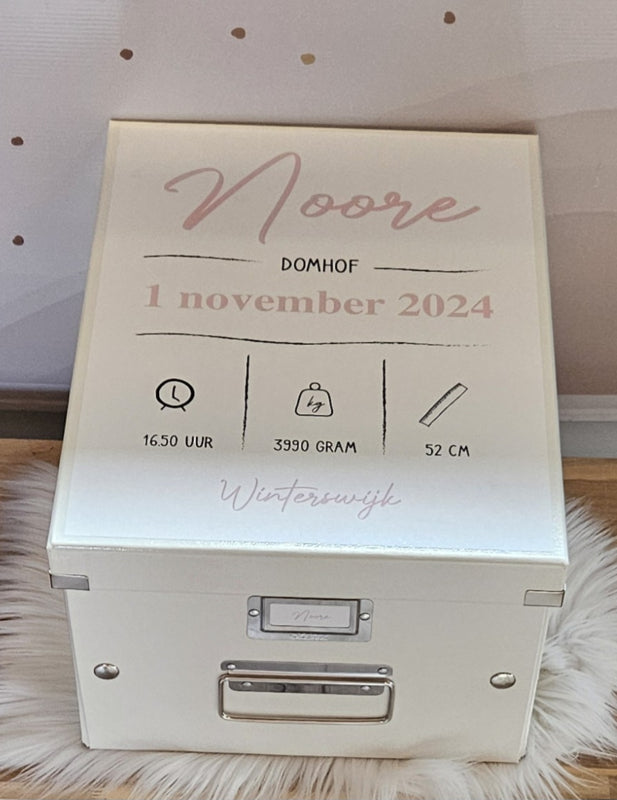Bewaardoos herinneringen met geboortegegevens -roze